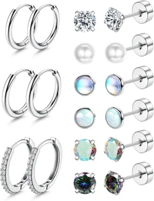 YADOCA Small Hypoallergenic Surgical Steel Earrings for Sensitive Ears - Flat Back Earrings for Women Men - 20G Tiny Cubic Zirconia Opal Hoop Studs - FlatBack Stud Cartilage Earring Sets for Multiple Piercing