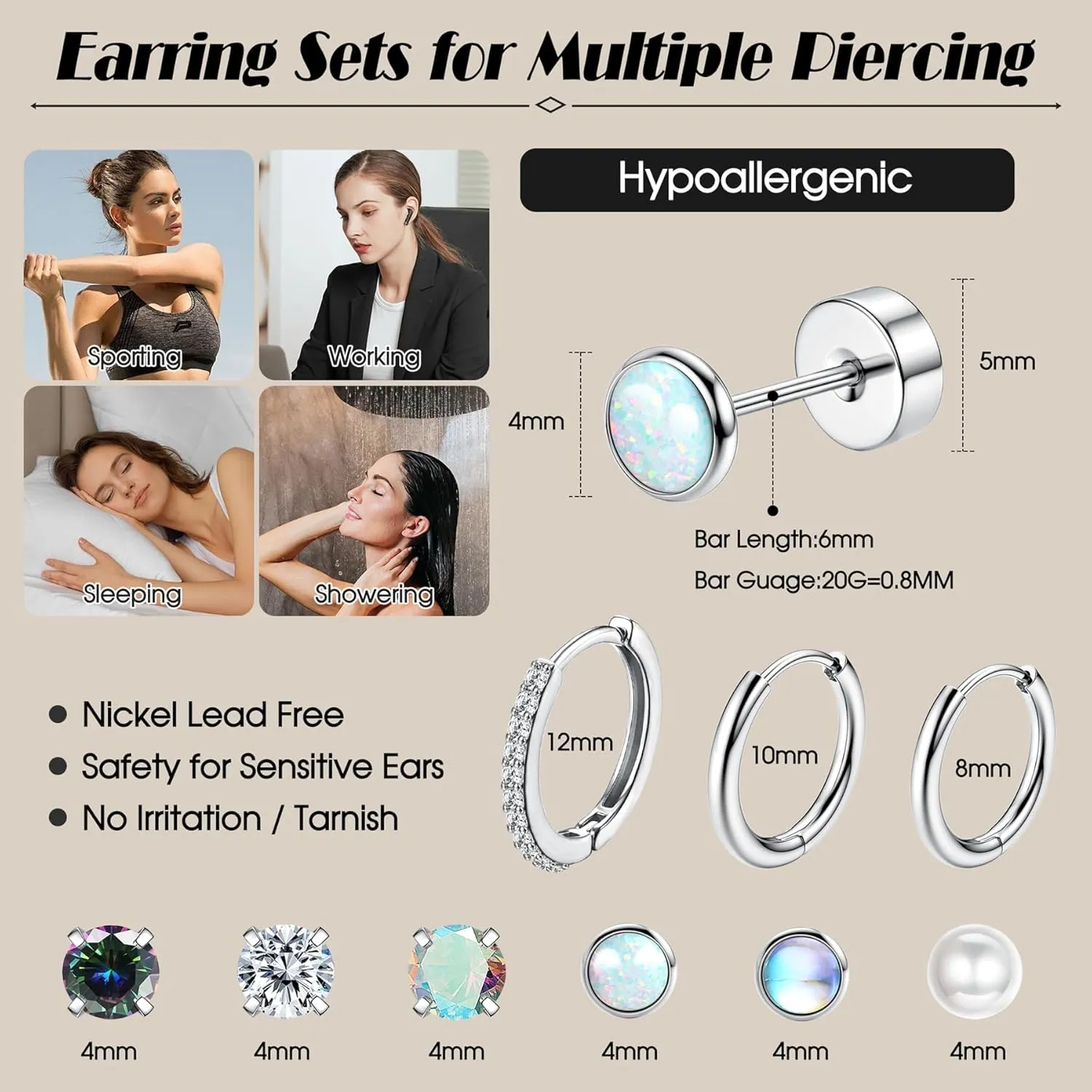 YADOCA Small Hypoallergenic Surgical Steel Earrings for Sensitive Ears - Flat Back Earrings for Women Men - 20G Tiny Cubic Zirconia Opal Hoop Studs - FlatBack Stud Cartilage Earring Sets for Multiple Piercing