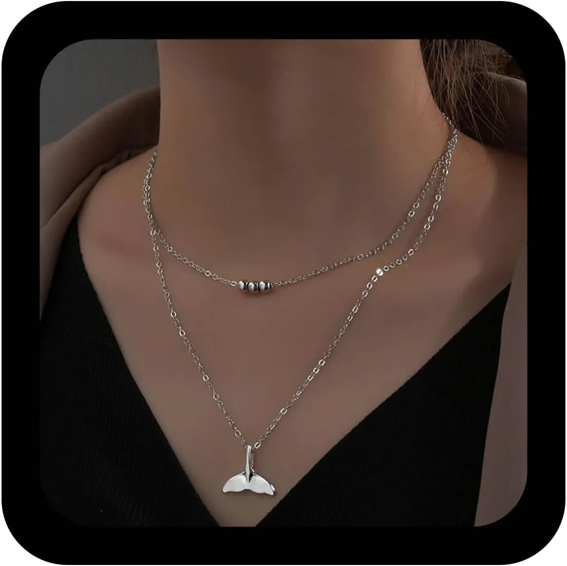 YienDoo Boho Layered Mermaid Tail Necklace Silver Fishtail Necklace Whale Dolphin Tail Pendant Necklaces Summer Beach Jewelry for Women
