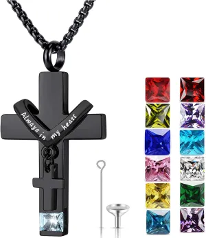 YOUFENG Birthstones Urn Necklaces for Ashes Cross Cremation Pendant Urns for Human Ashes Memorial Keepsake Locket Jewelry
