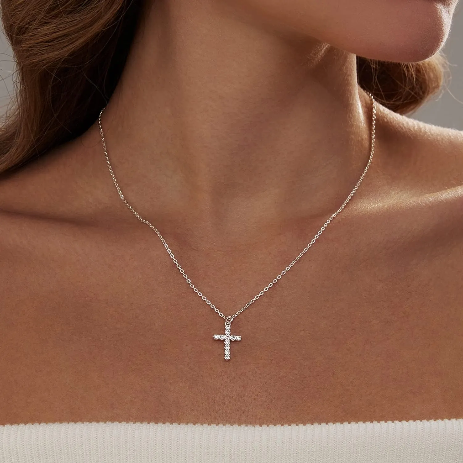 Zeffy Cross Necklace for Women,18K Gold/Silver Plated Tiny Cubic Zirconia Cross Pendant Necklace for Women Simple Layered Cross Necklaces for Women