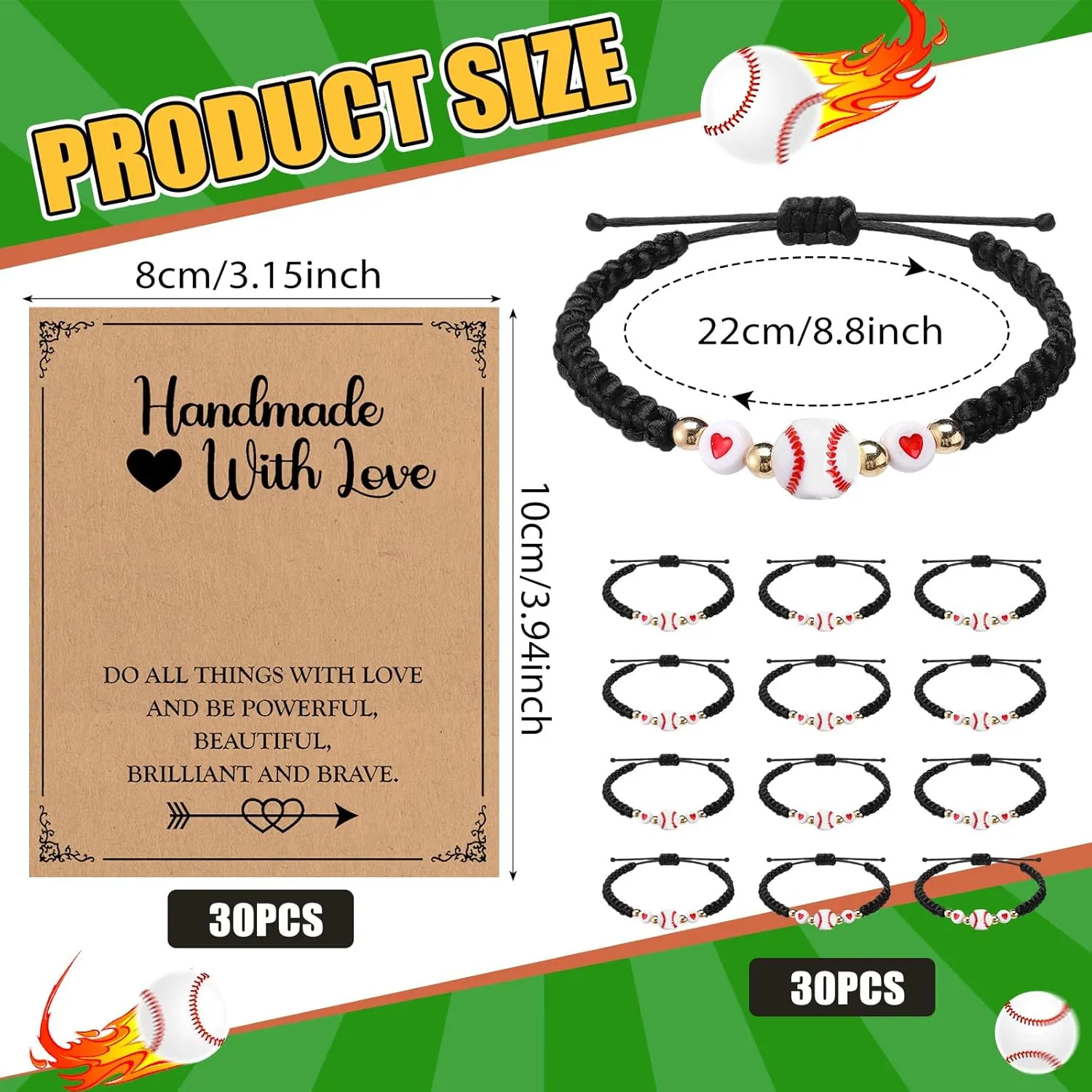 Zeyune 30 Set Sport Softball Bracelets Team Gift Bulk Baseball Softball Adjustable Bead Wristbands with Inspirational Cards Gift Players Team Ball Lovers Birthday for Sport Party Favors