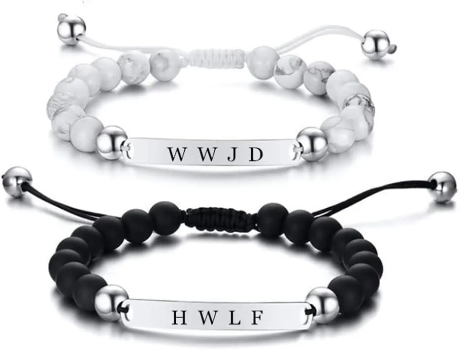 ZKXXJ WWJD HWLF Bracelet Set,Stainless Steel Adjusted Black White Beaded Onyx What Would Jesus Do He Would Love First Bracelets Inspirational Religious Reminder Jewelry