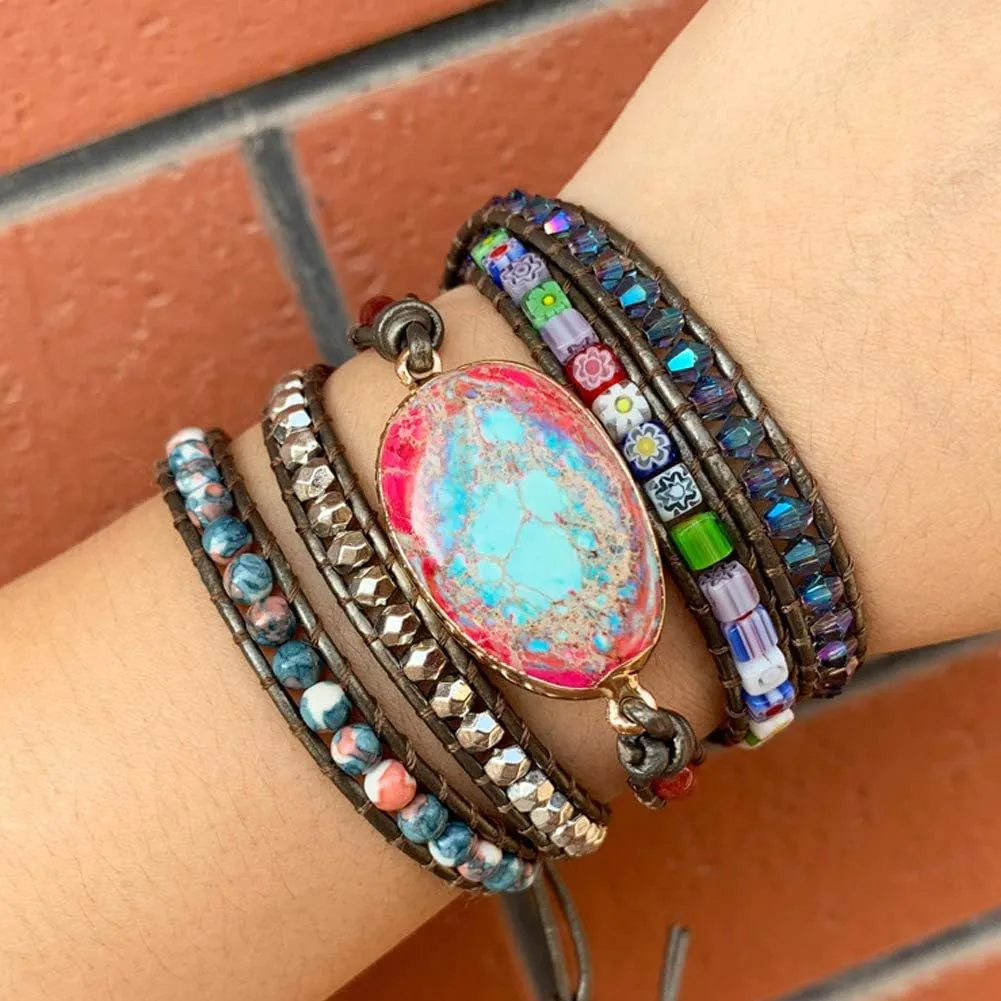 ZOSOJONA Boho Handmade Natural Stone Wrap Bracelets Turquoises Crystal Beads Bracelet Jewelry